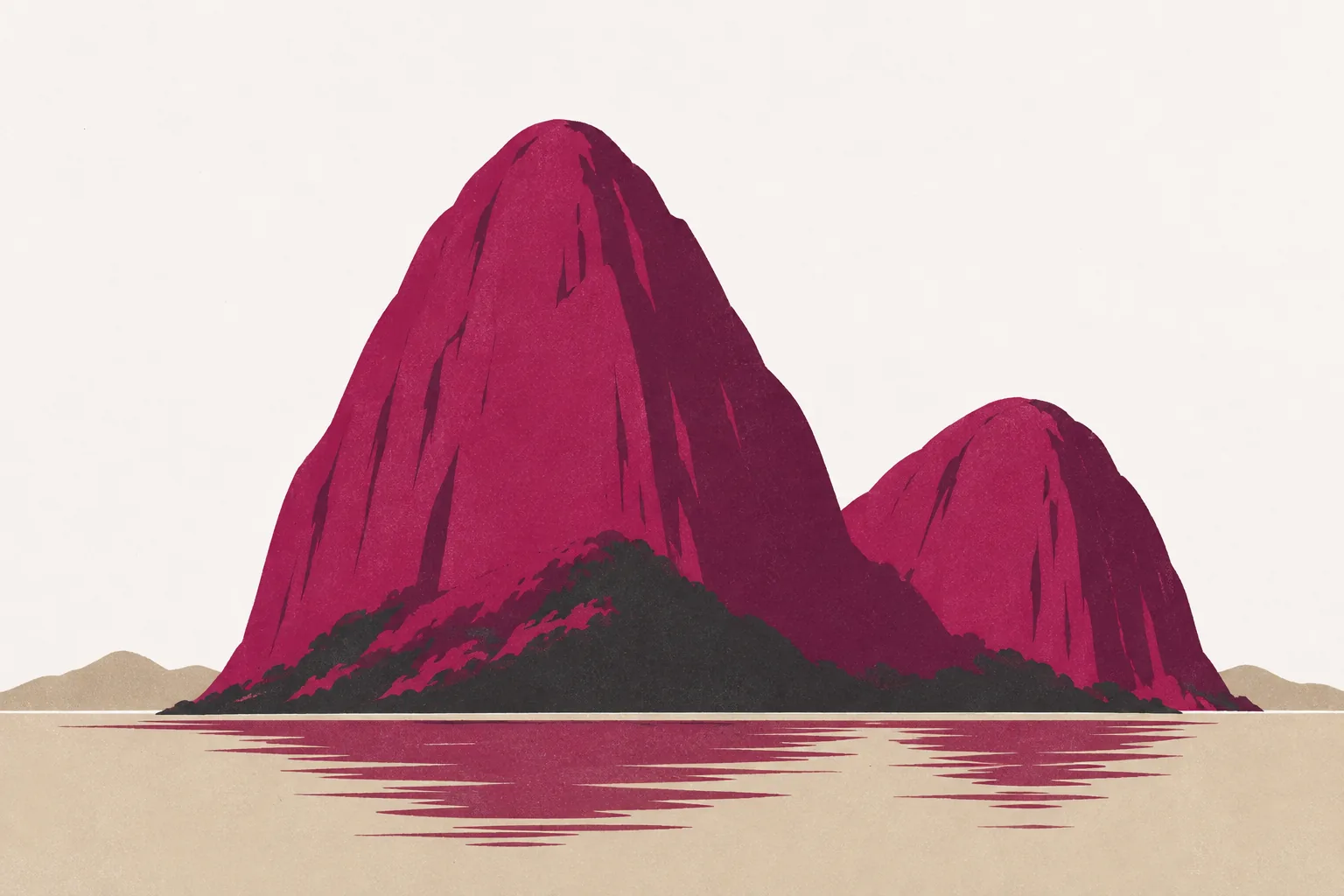 Ilustração de montanhas arredondadas de granito em magenta sobre uma baía cor de areia