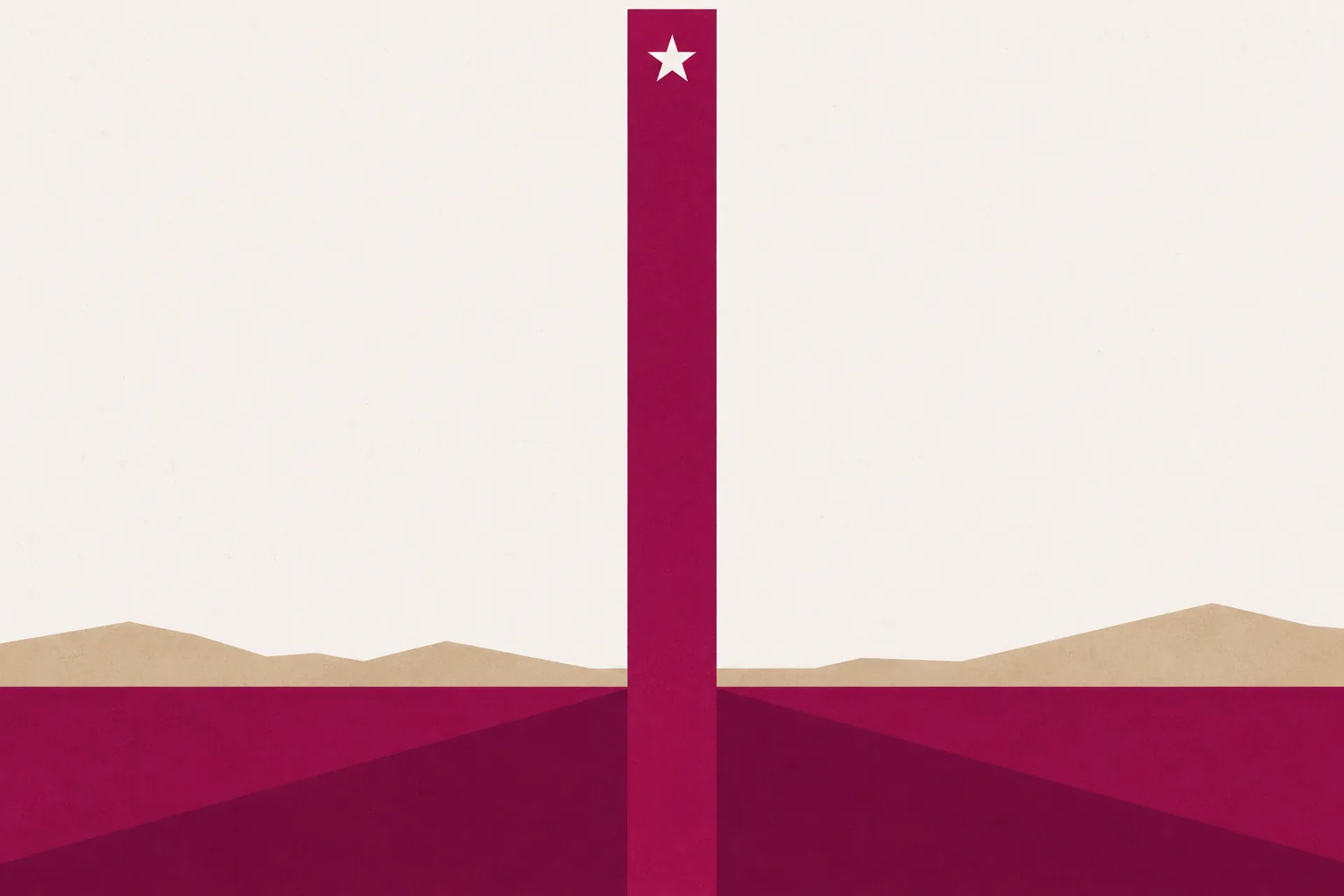 Ilustración de una franja vertical magenta muy alta con una estrella blanca, sobre un horizonte color arena