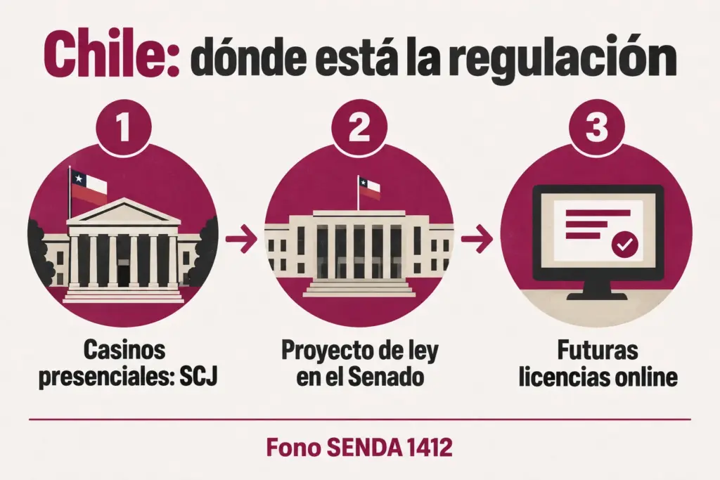 Diagrama en tres pasos: casinos presenciales fiscalizados por la SCJ, proyecto de ley en el Senado y futuras licencias online, con el Fono SENDA 1412