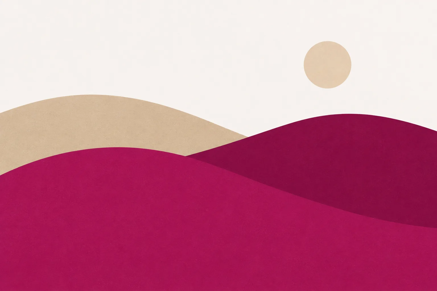 Ilustración de colinas superpuestas en magenta y arena con un pequeño sol blanco