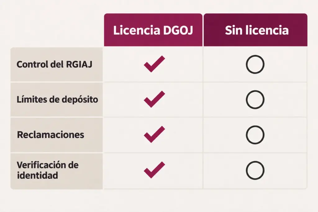 Tabla comparativa: licencia DGOJ frente a sin licencia, en control del RGIAJ, límites de depósito, reclamaciones y verificación de identidad
