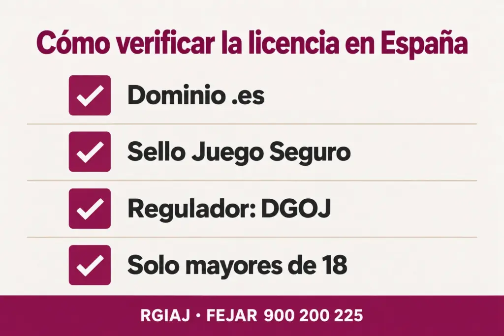 Lista de verificación: dominio .es, sello Juego Seguro, regulador DGOJ, solo mayores de 18, con RGIAJ y FEJAR 900 200 225