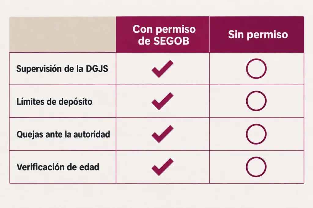 Tabla comparativa: con permiso de SEGOB frente a sin permiso, en supervisión de la DGJS, límites de depósito, quejas ante la autoridad y verificación de edad