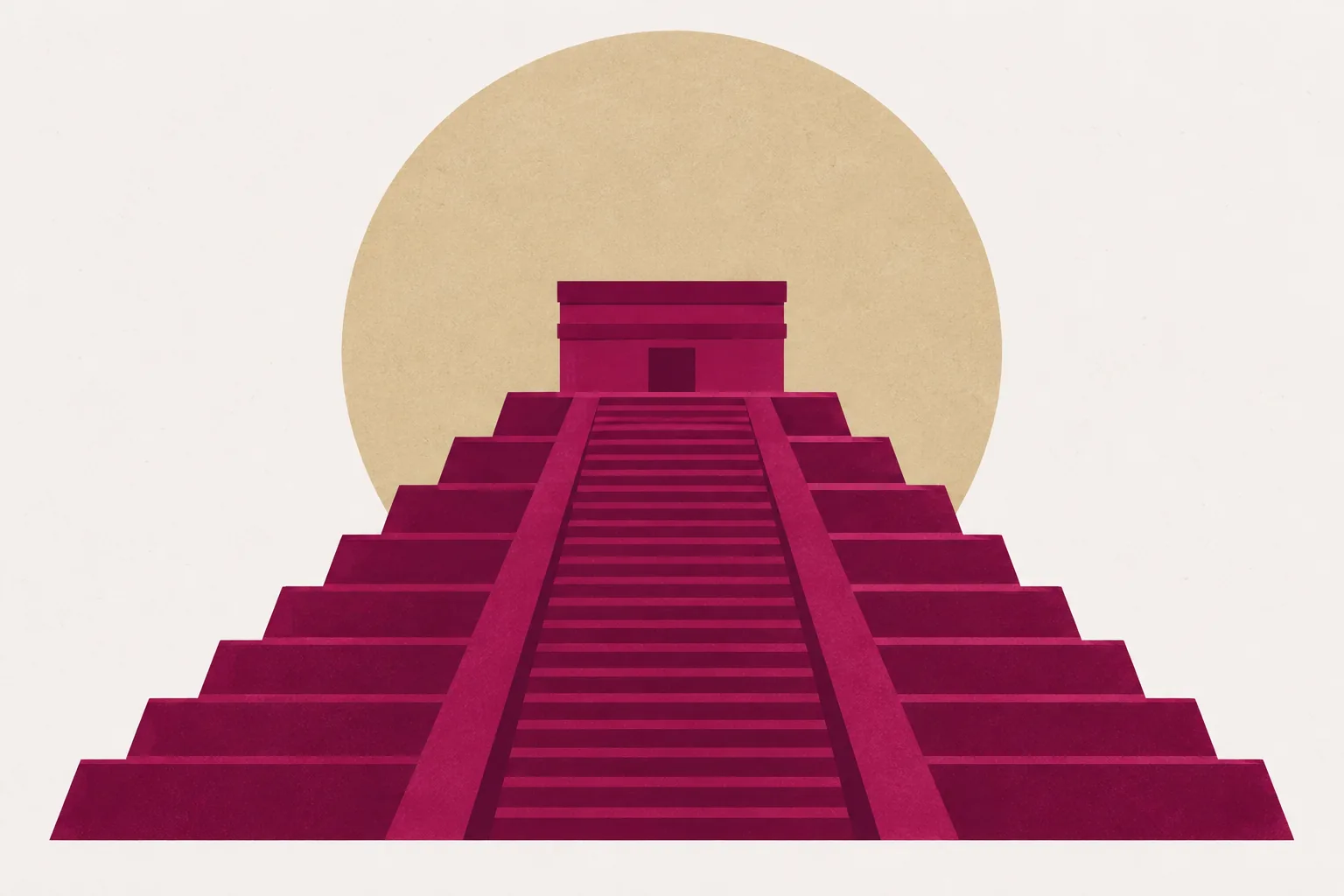 Ilustración de una pirámide escalonada magenta frente a un sol color arena