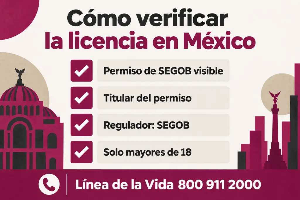 Lista de verificación: permiso de SEGOB visible, titular del permiso, regulador SEGOB, solo mayores de 18, con la Línea de la Vida 800 911 2000