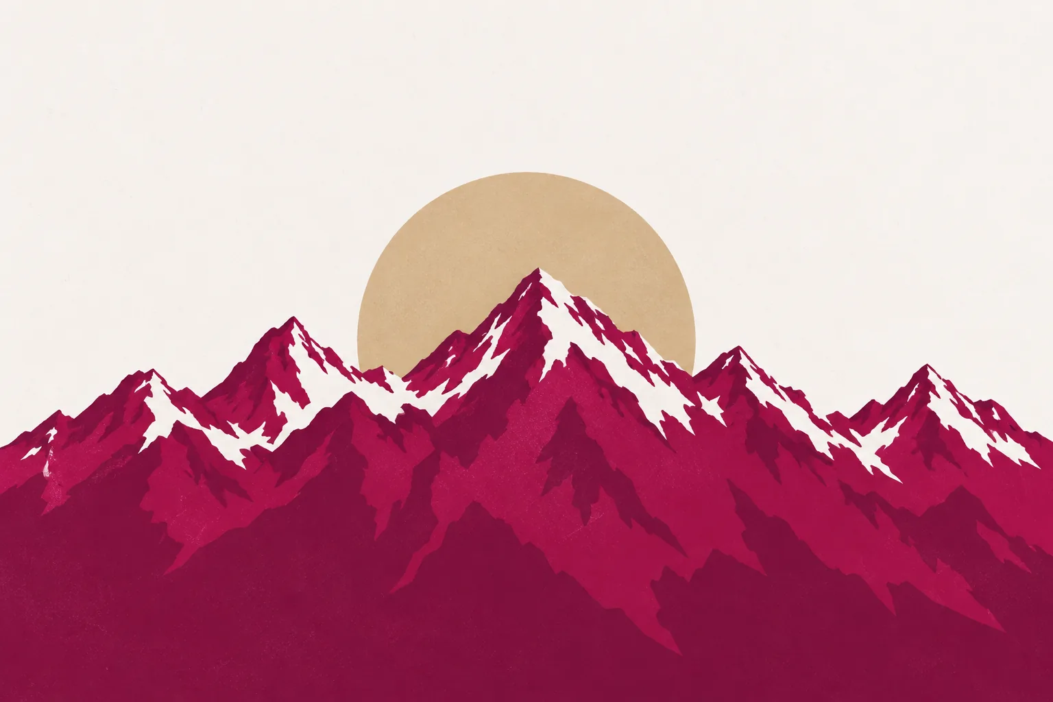 Ilustración de una cordillera andina magenta con cumbres nevadas frente a un sol color arena