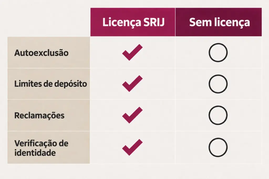 Tabela comparativa: licença SRIJ versus sem licença, em autoexclusão, limites de depósito, reclamações e verificação de identidade