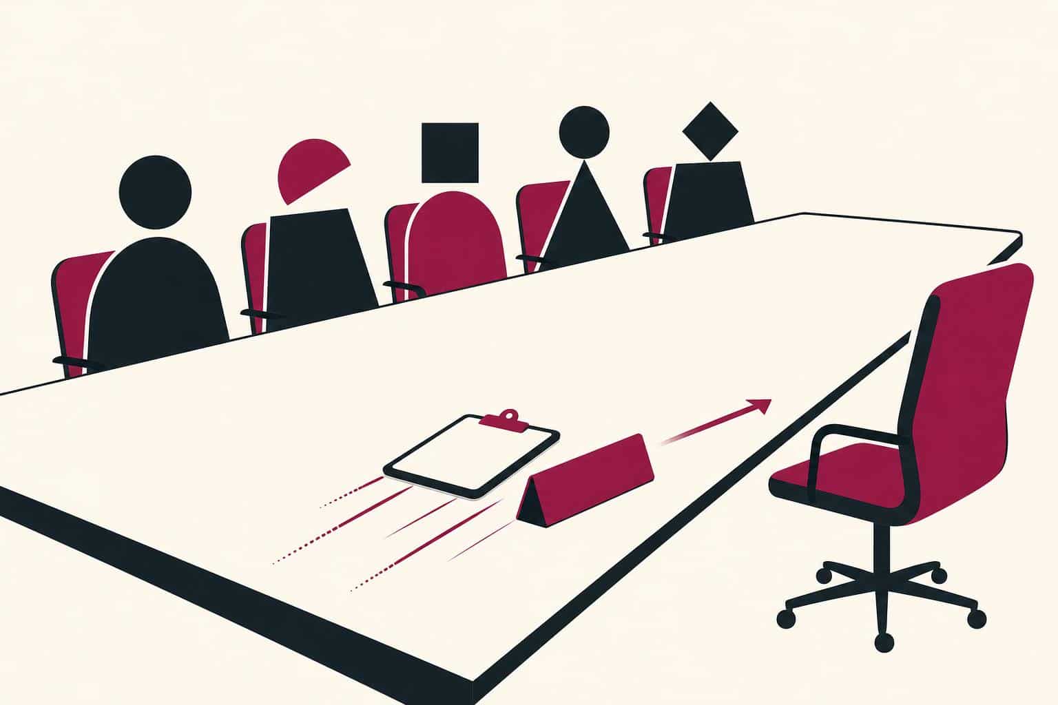 Ilustración editorial de una silla vacía en una mesa de equipo y un portapapeles que se desliza hacia ella