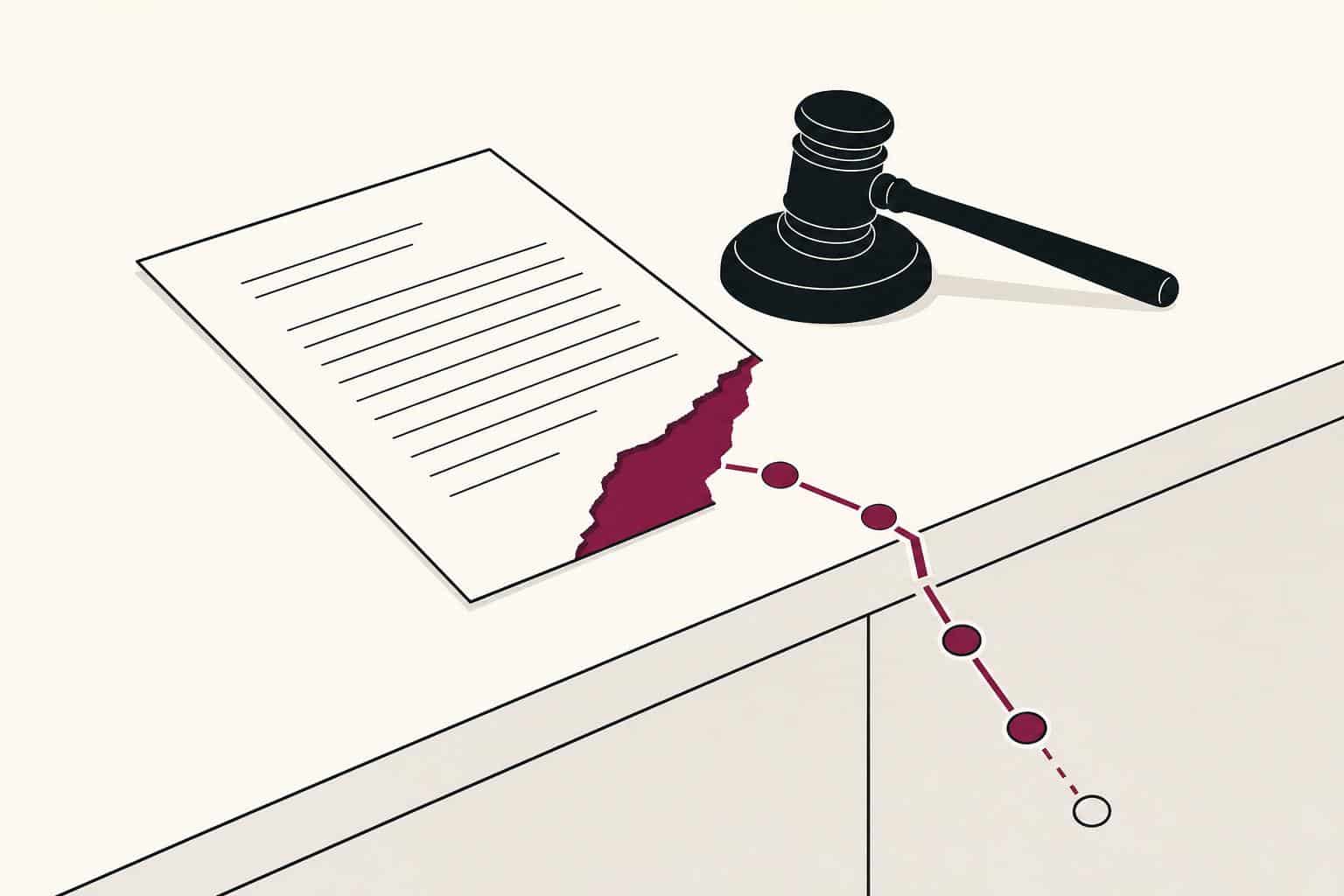 Ilustración editorial de un contrato laboral truncado junto a un mazo de juez