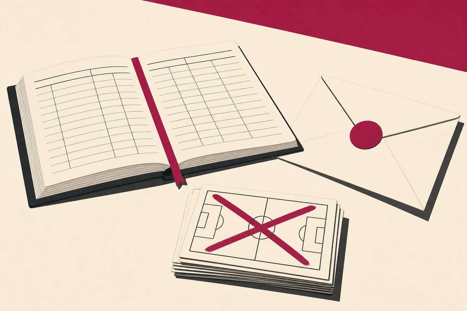 Ilustración editorial de un expediente sancionador sobre una mesa, con un sello de prohibición y resultados tachados
