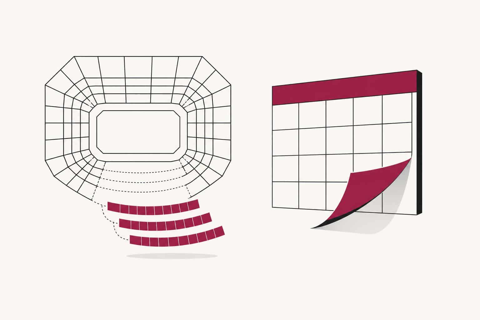 Ilustración editorial de un plano de grada de arena con filas desprendidas y una hoja de calendario levantándose, símbolo de un evento aplazado