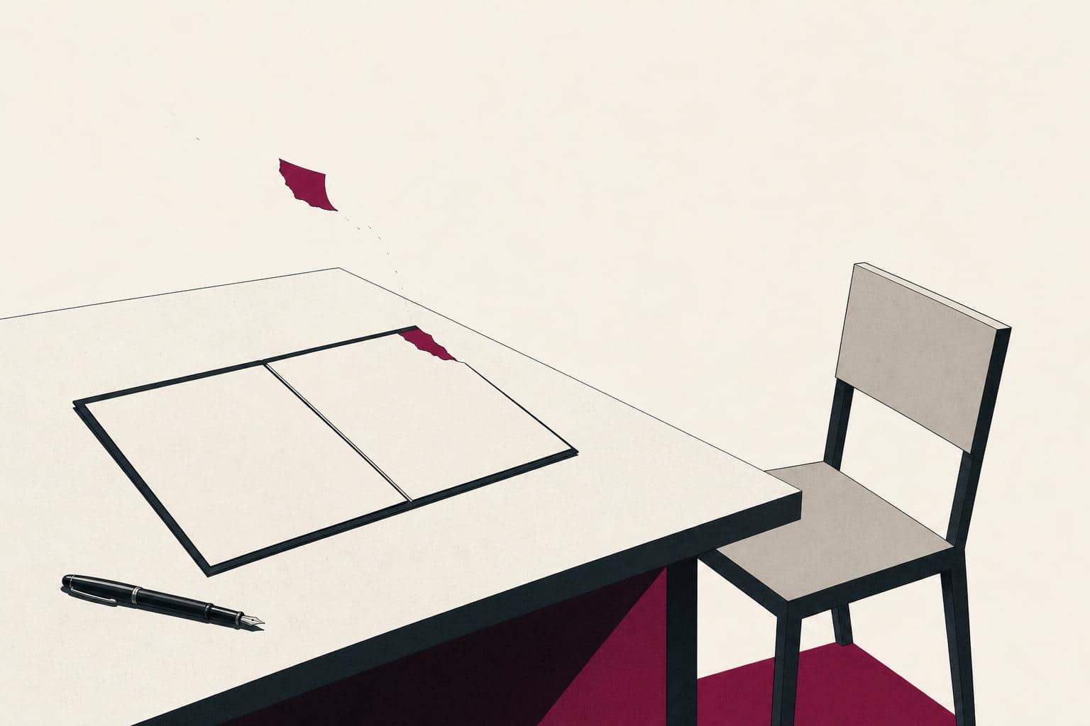 Ilustración editorial de un contrato abierto y sin firmar sobre una mesa con un bolígrafo sin usar
