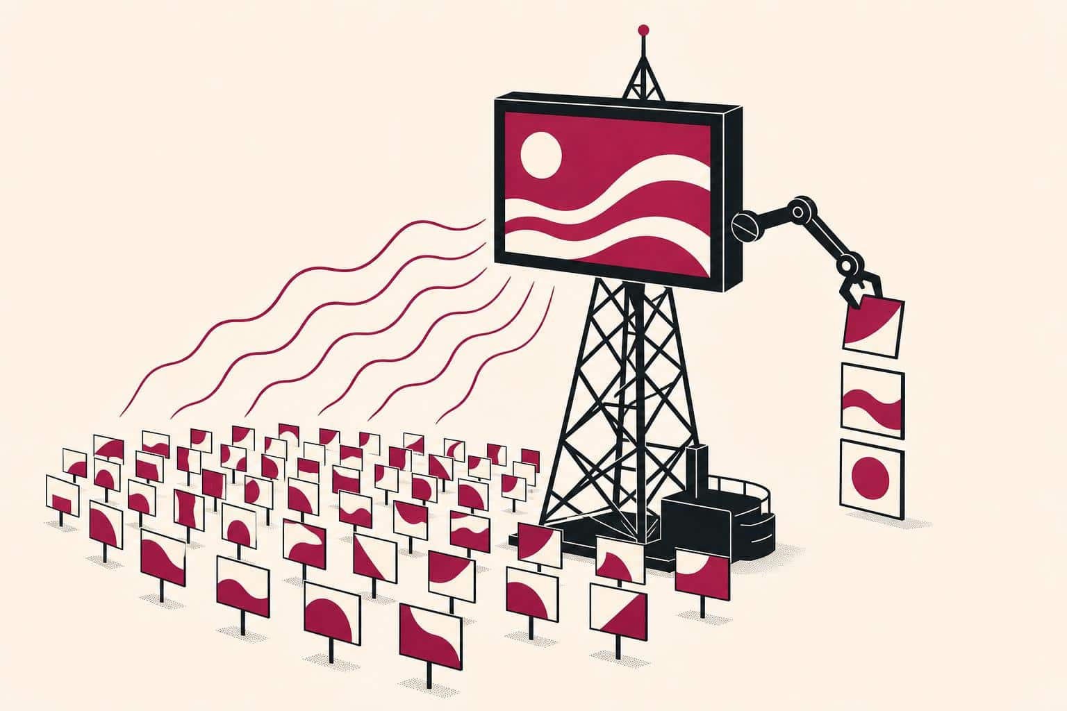 Ilustración editorial de un sistema que clasifica emisiones en directo para seleccionar anuncios